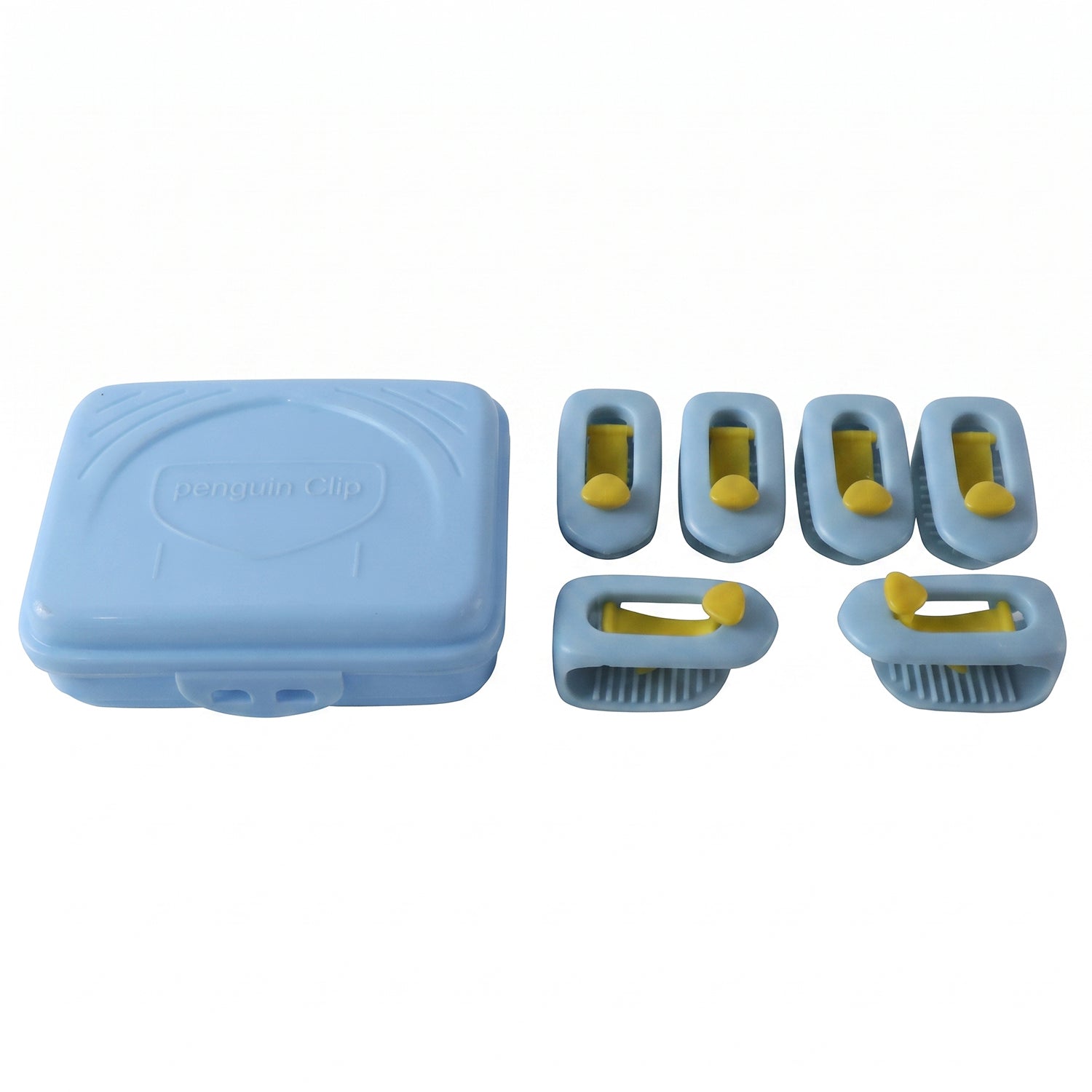 A light blue plastic storage case and six blue and yellow plastic clips are arranged on a white background.