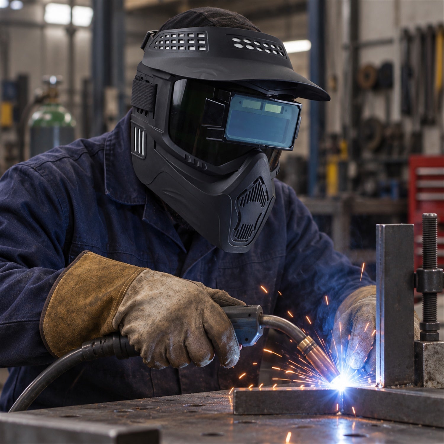 A person wearing a black welding helmet and brown gloves is actively welding metal, creating bright sparks.