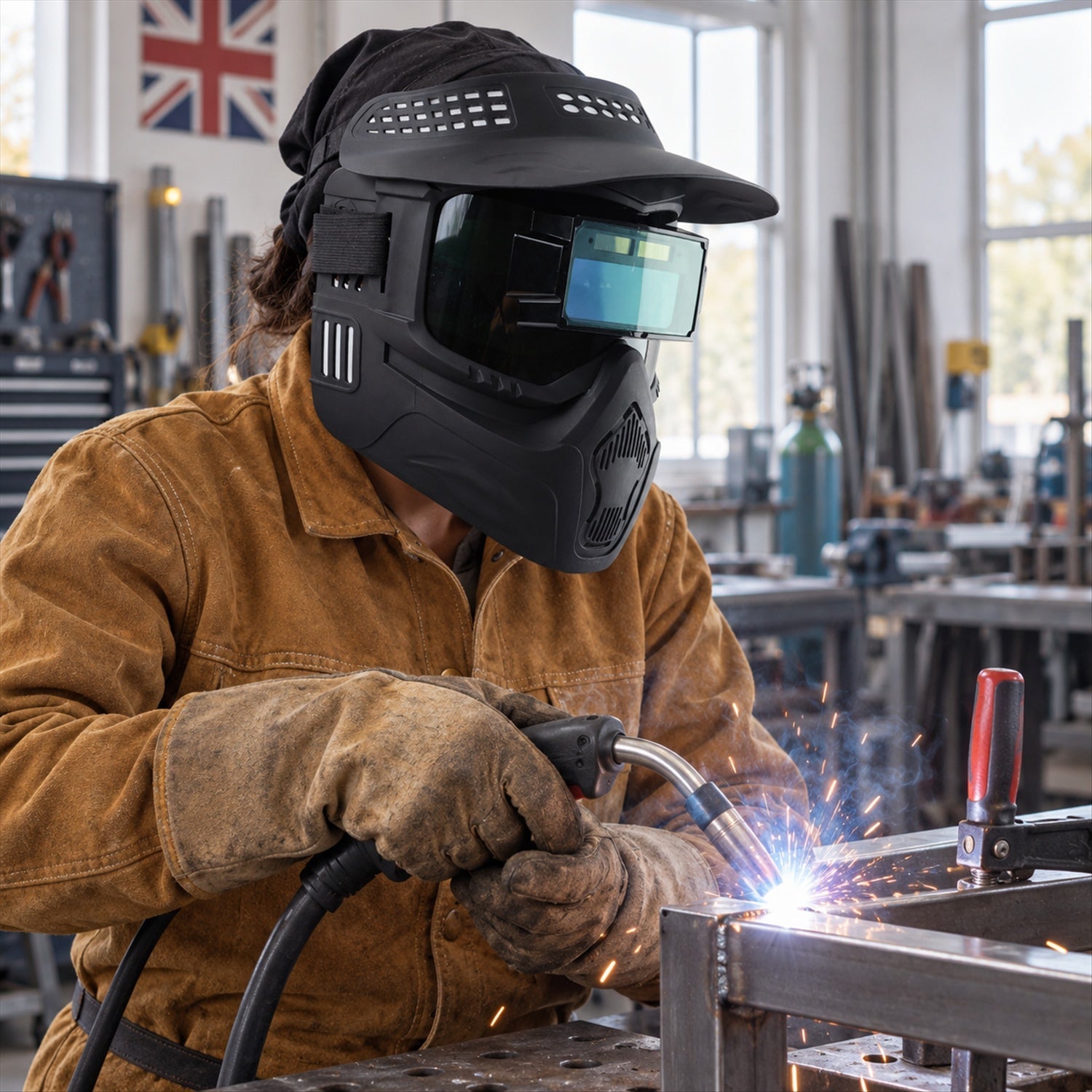 A welder in a brown jacket and black helmet works on metal, generating sparks, with a Union Jack flag in the background.