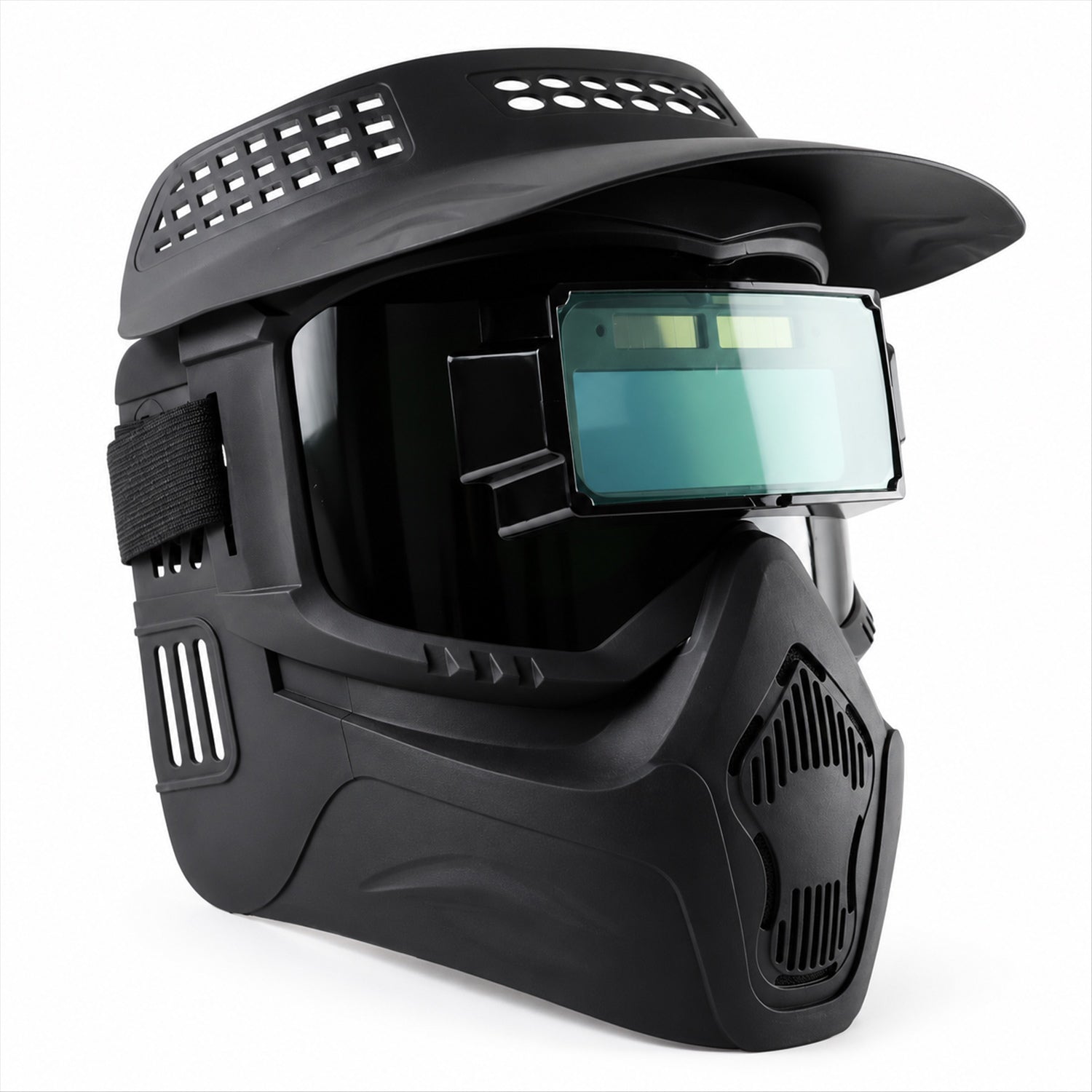 The black welding helmet with a visor and a green-tinted lens is presented on a plain white background.