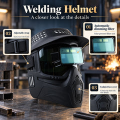 A black welding helmet is shown with callouts detailing its automatic dimming filter, adjustable strap, and sculpted face