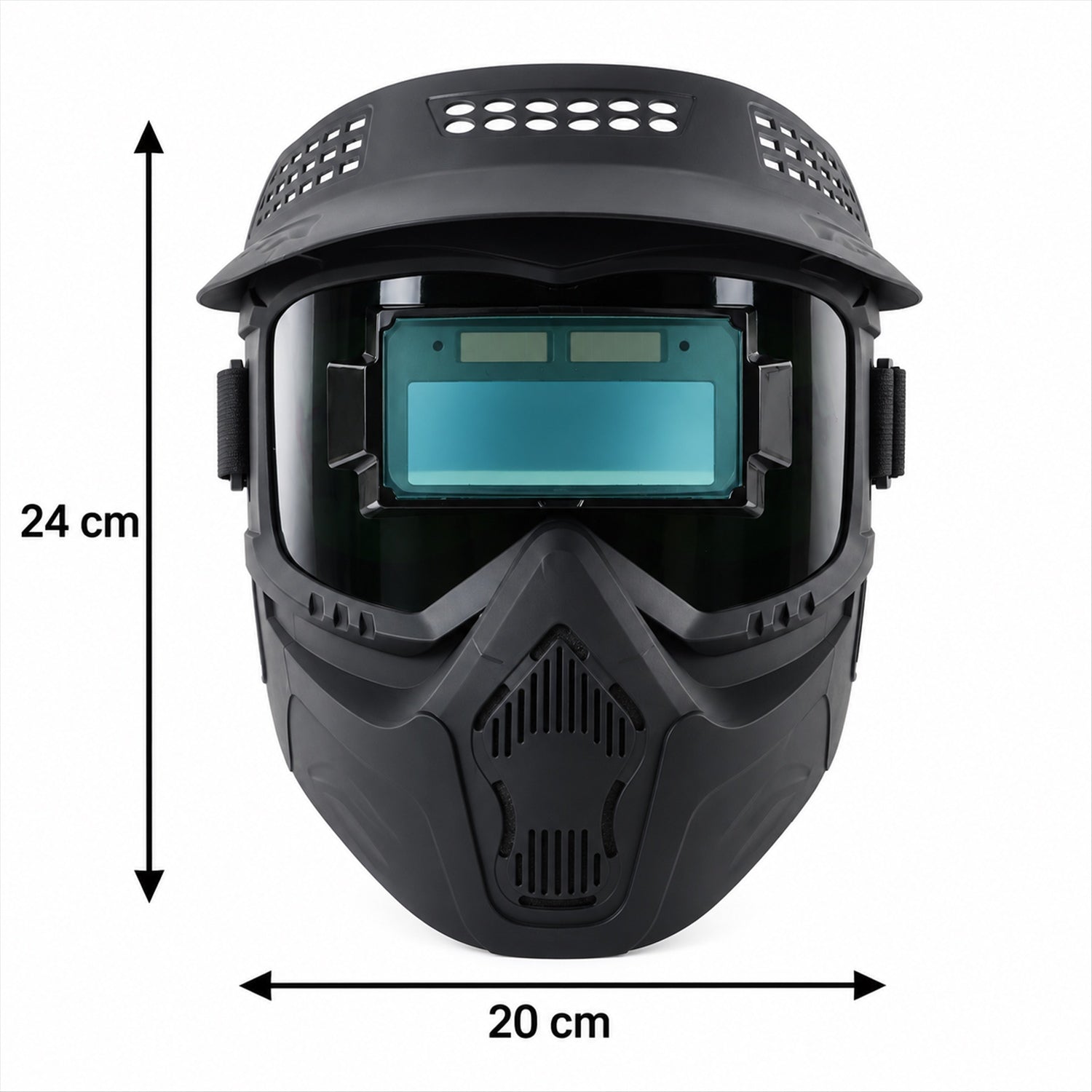 A front view of the black welding helmet shows its dimensions, 24 cm in height and 20 cm in width.
