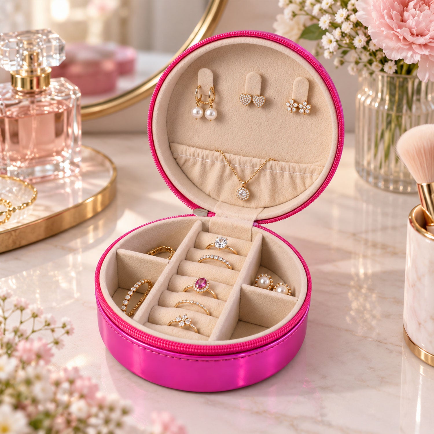 Open round pink jewellery box displaying rings, earrings, and a necklace on a white marble vanity surface.