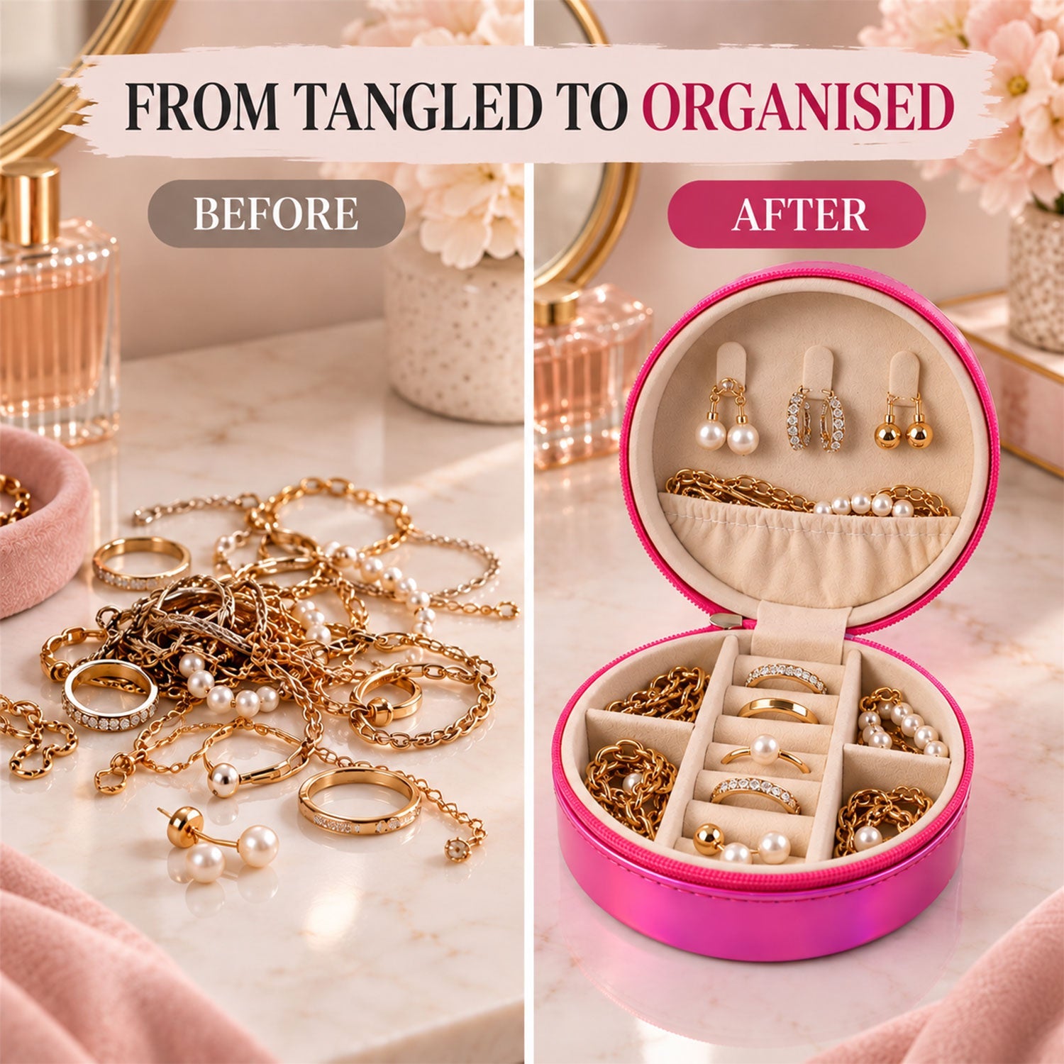 Split image showing tangled jewellery on the left and neatly organized jewellery inside the pink box on the right.