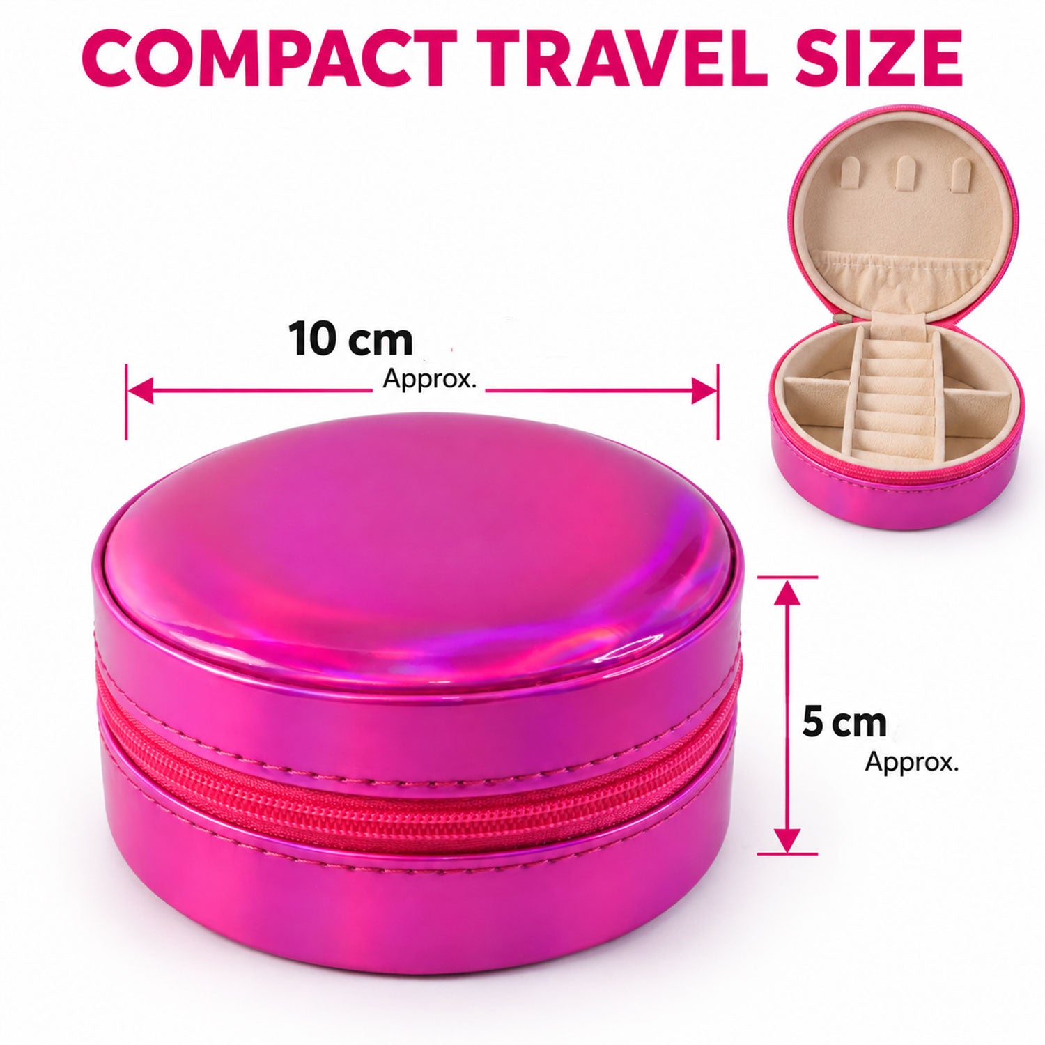 Closed and open round pink jewellery boxes with approximate dimensions of 10 cm width and 5 cm height.