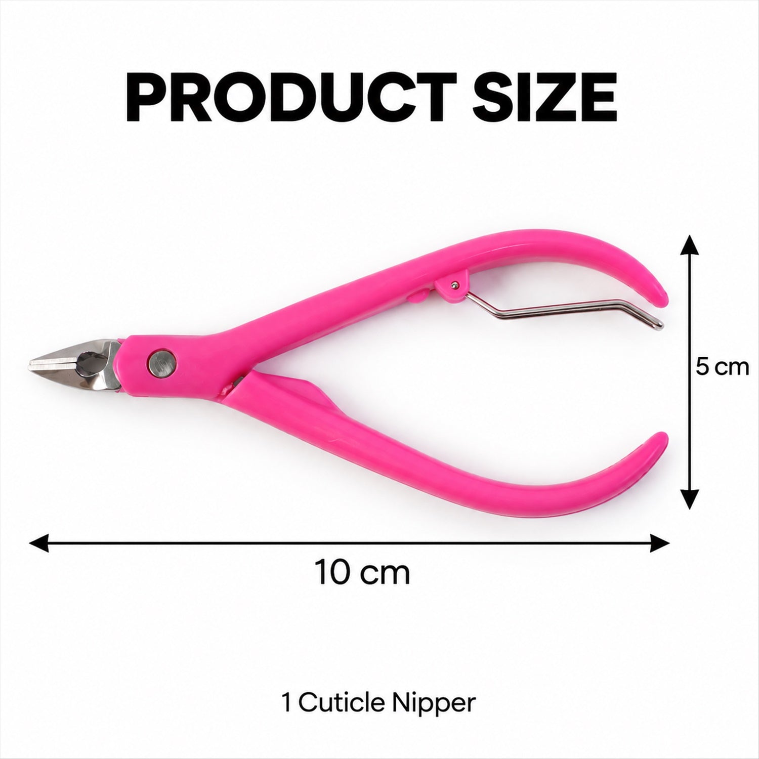 A pink cuticle nipper with silver blades is shown with dimensions of 10 cm length and 5 cm width on a white surface.