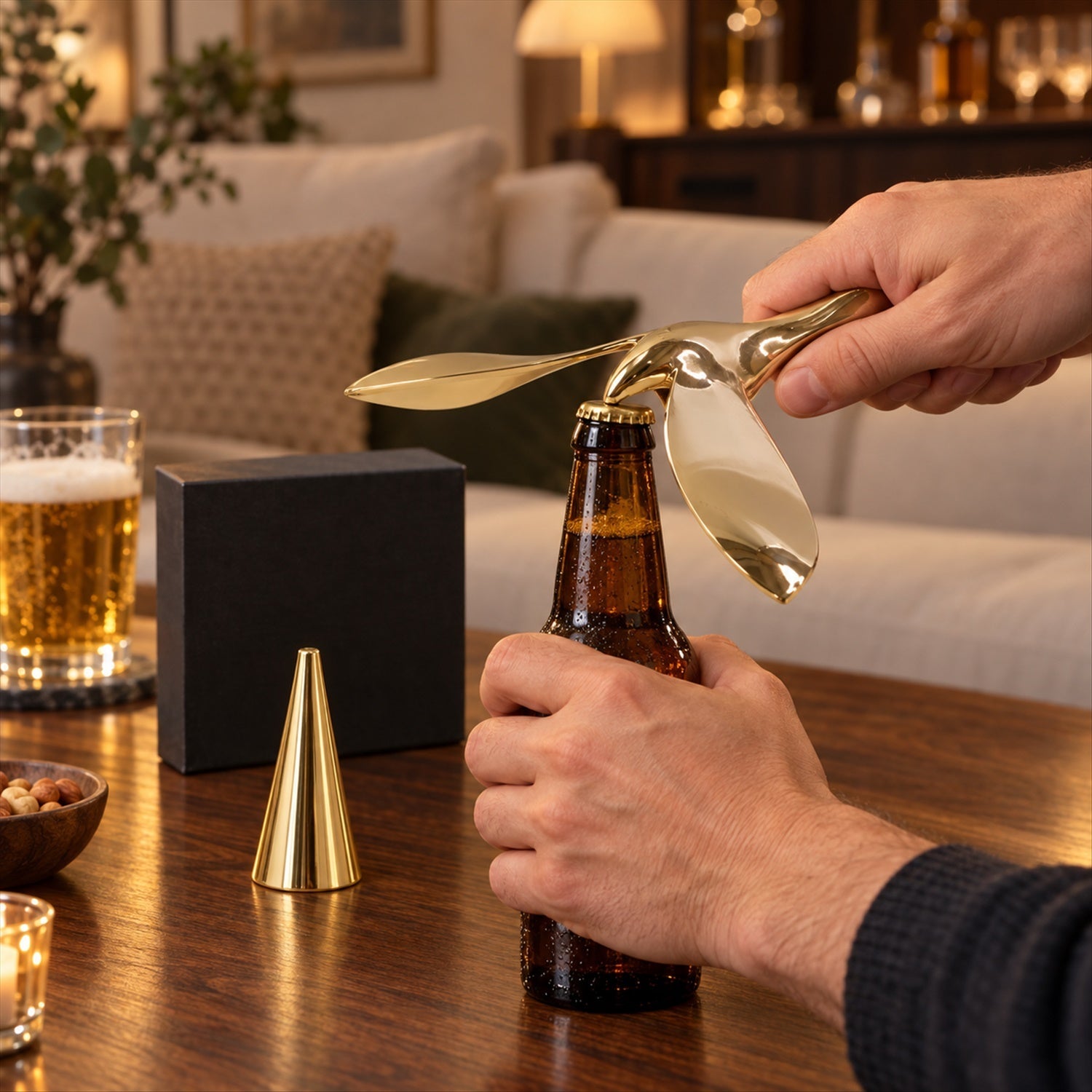 Hands use the gold bird bottle opener to remove a cap from a brown bottle on a wooden table.