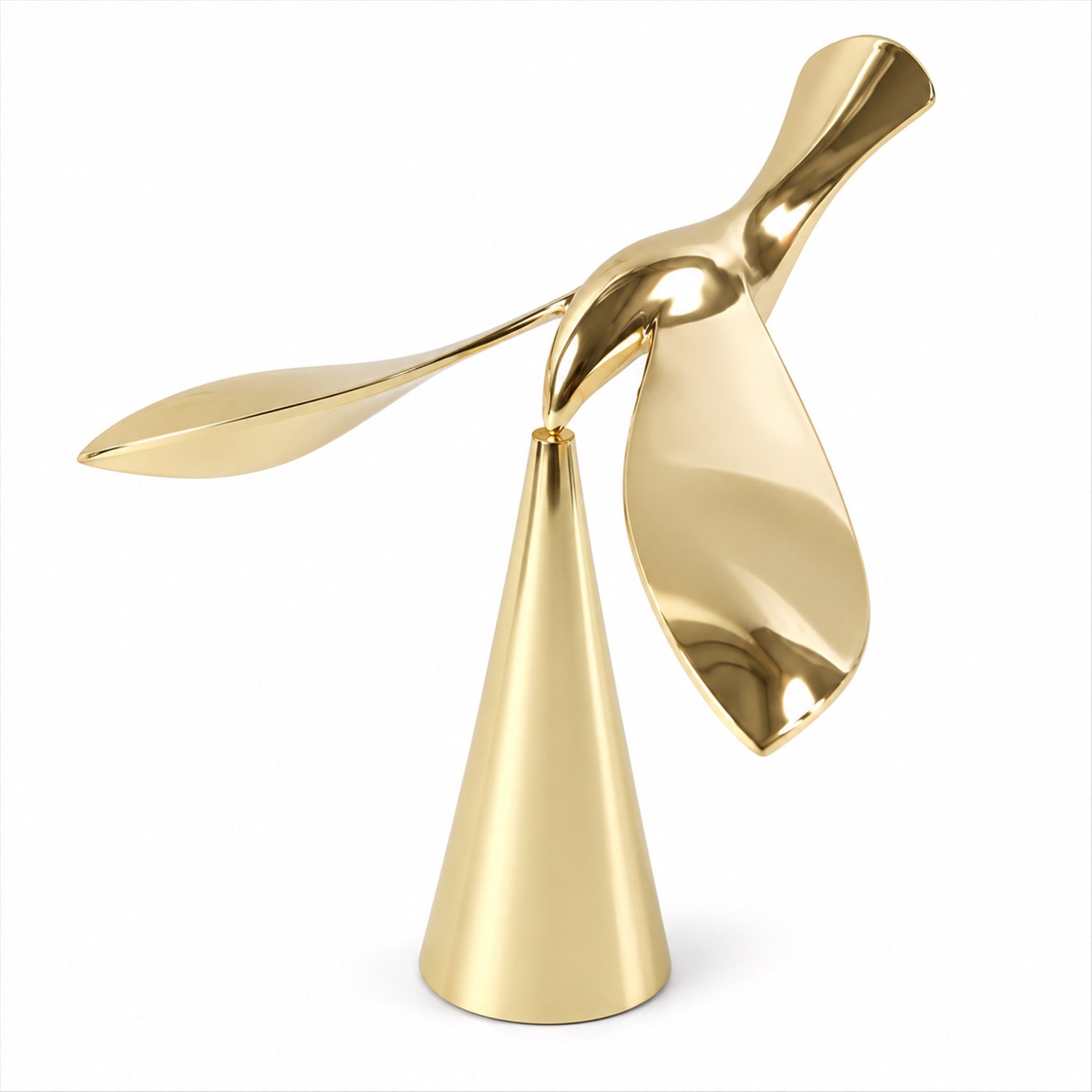 A striking gold balancing bird sculpture with a conical base is presented against a clean white background.