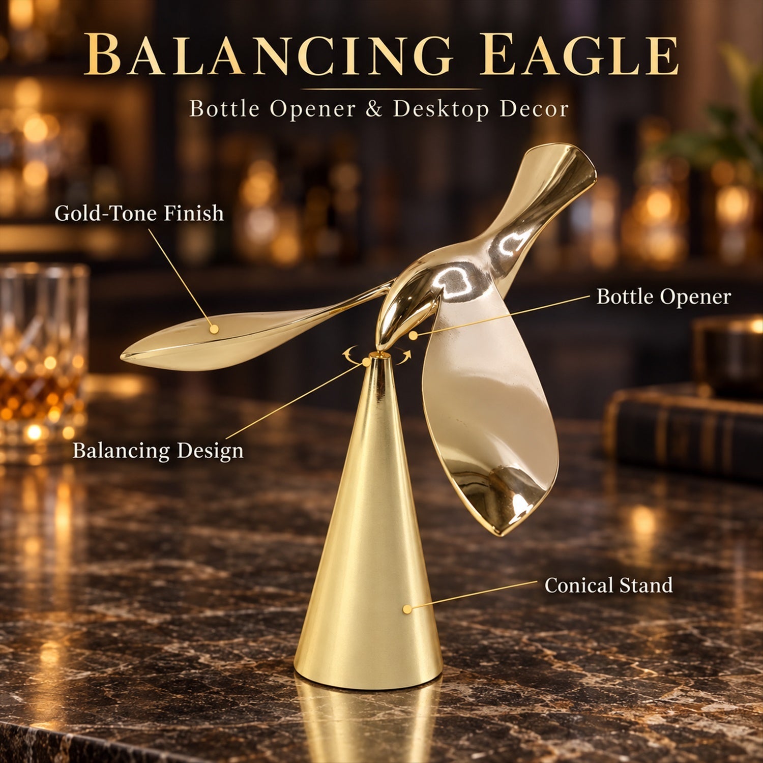 A gold balancing bird sculpture on a dark marble counter with text highlighting its features as a bottle opener and decor.