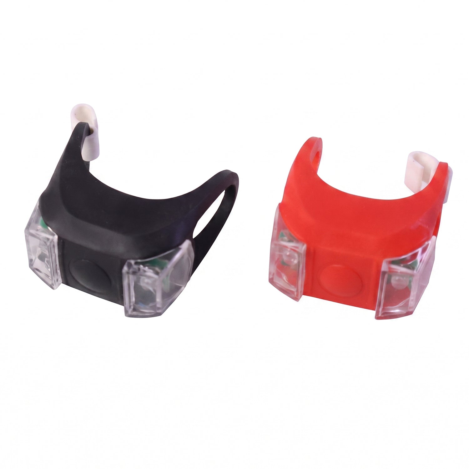 Silicone LED bike light pair on white background