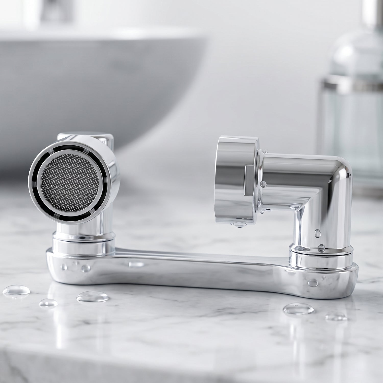 Close up of the rotating faucet spray head