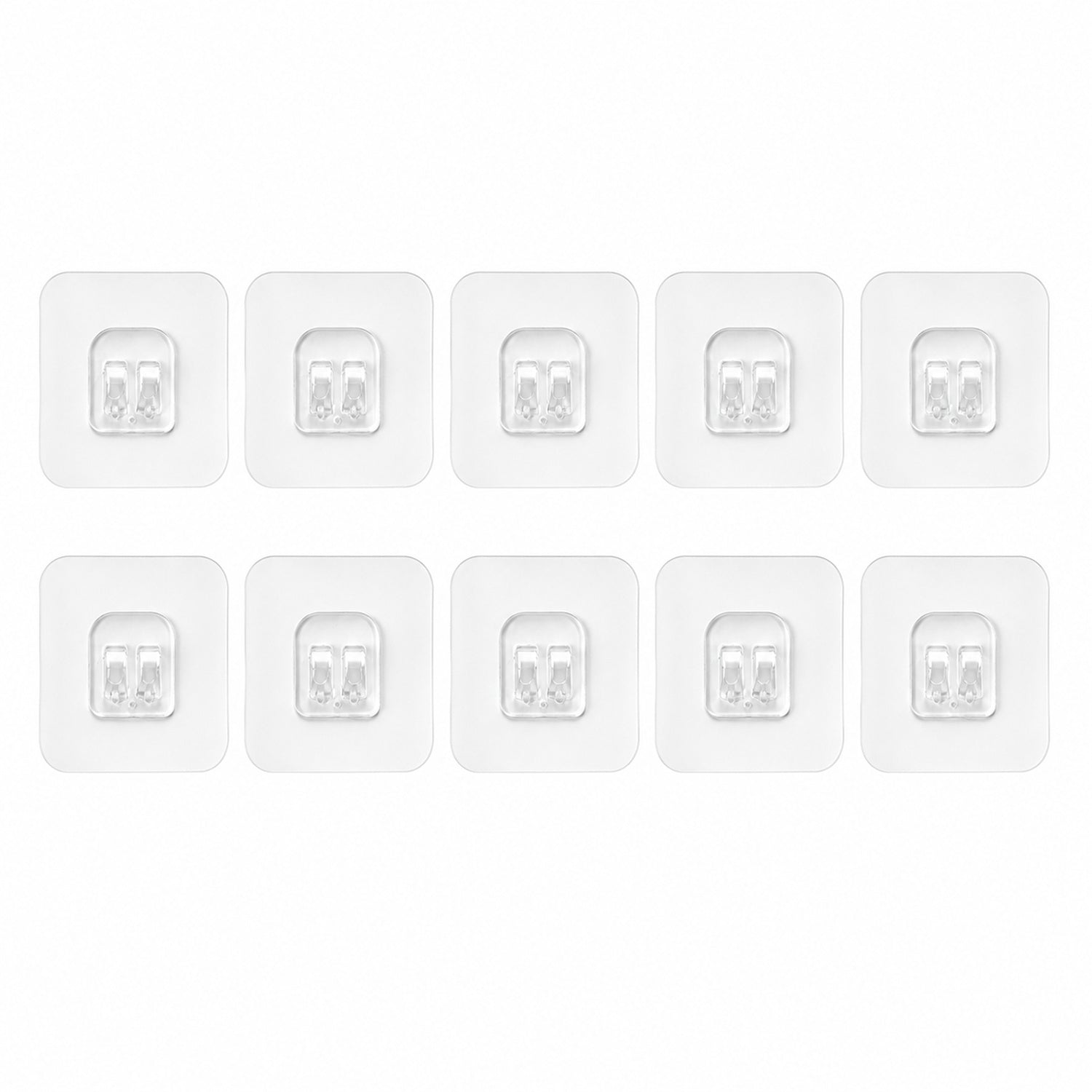 Ten individual clear square adhesive hooks with twin plastic prongs are neatly arranged in two rows on a white background.