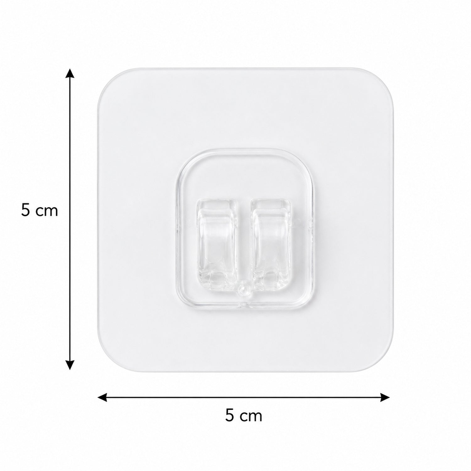 A single clear square adhesive hook with twin prongs, showing its dimensions of 5 cm by 5 cm on a white background.