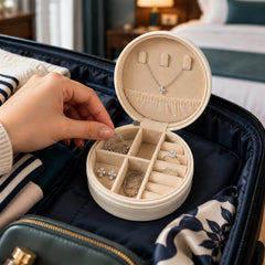 A person's hand placing a silver earring into a cream-colored round jewellery box nestled inside a dark blue suitcase.