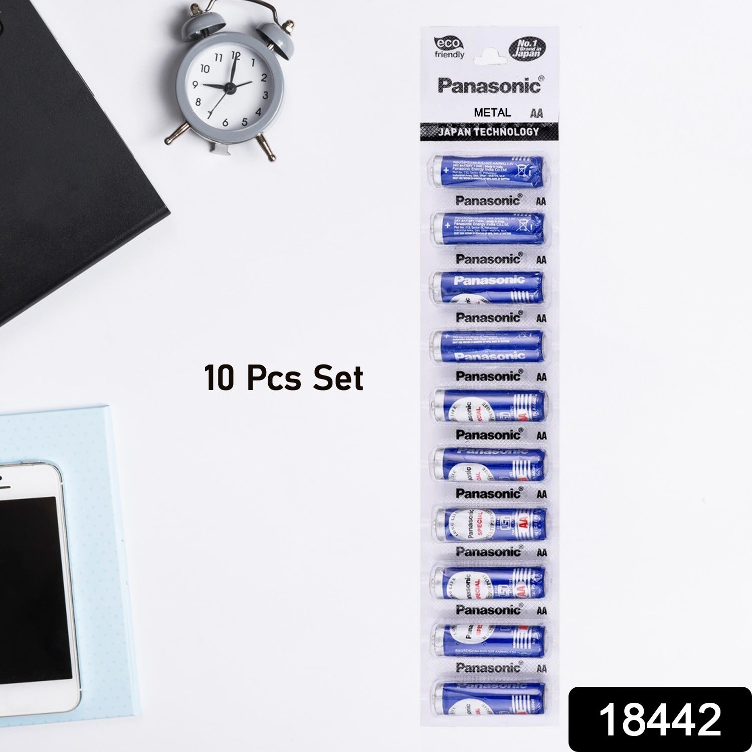 Close-up of Panasonic AA Eco-Friendly Alkaline Batteries, highlighting leakproof technology.