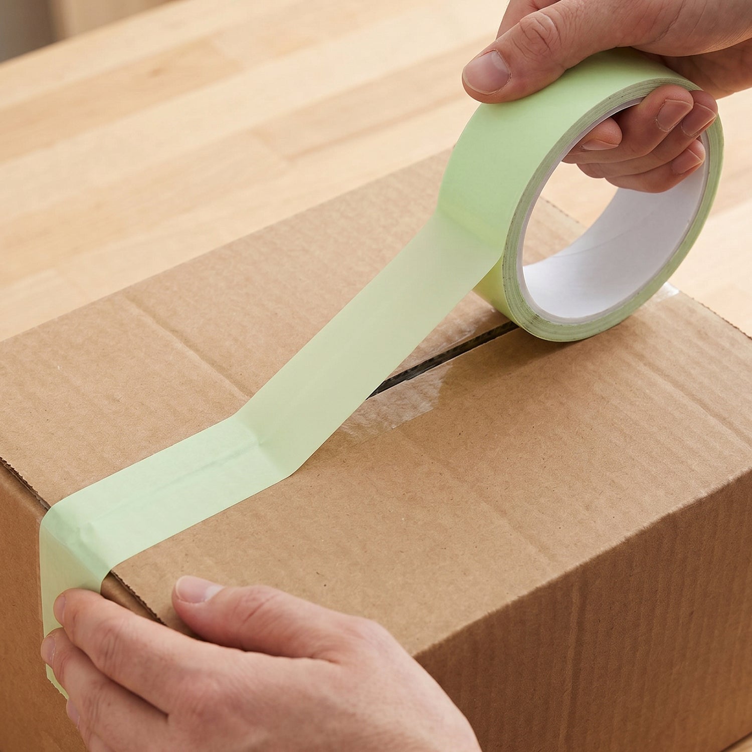 Adhesive tape roll sealing carton box in lifestyle use