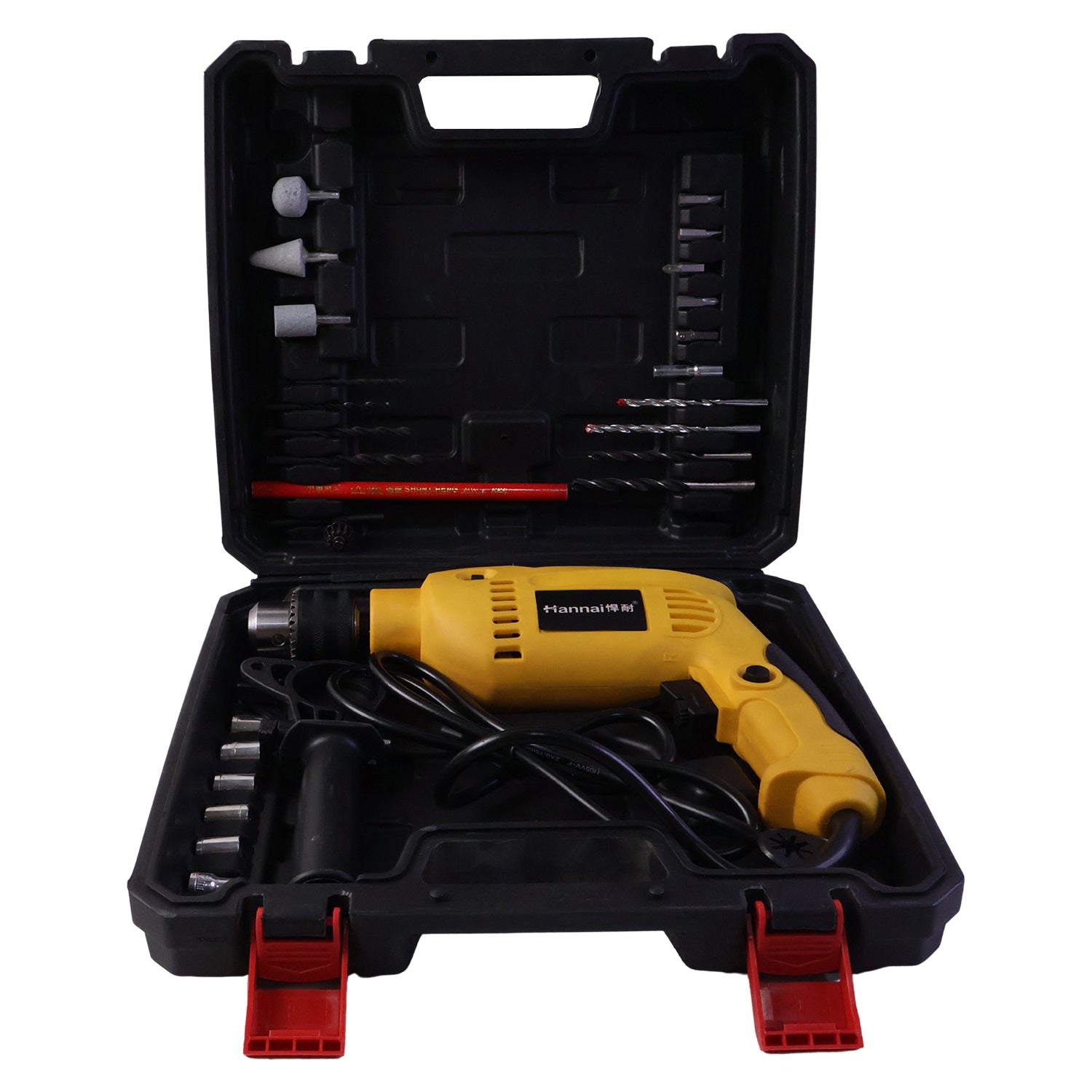 Drill machine tool kit carried in durable case with all accessories