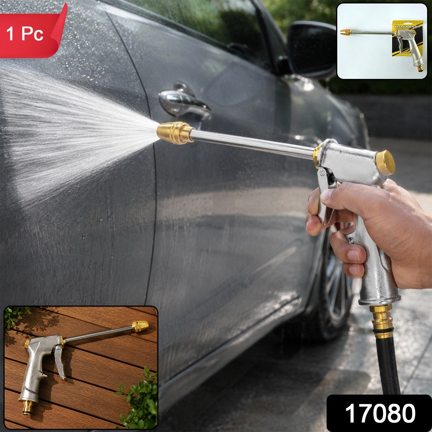 Durable metal water gun with brass adjustable nozzle for versatile outdoor cleaning