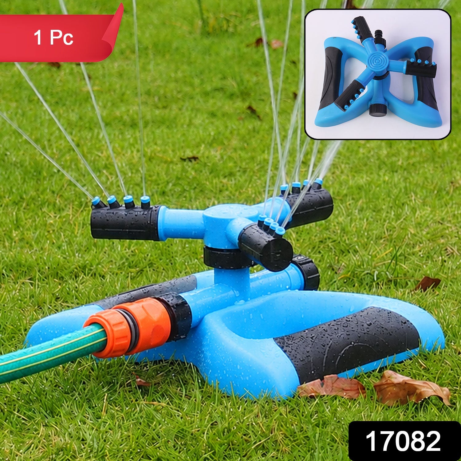 Durable plastic garden sprinkler connected to a garden hose for lawn watering