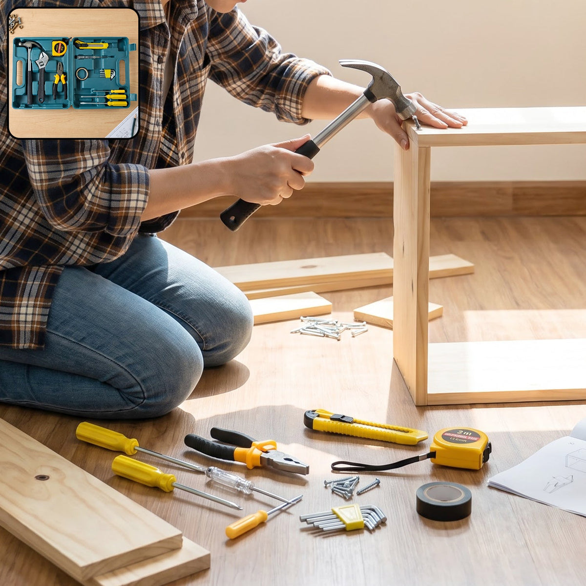 A person in a plaid shirt and jeans uses a hammer to assemble a light wood frame, surrounded by various tools.
