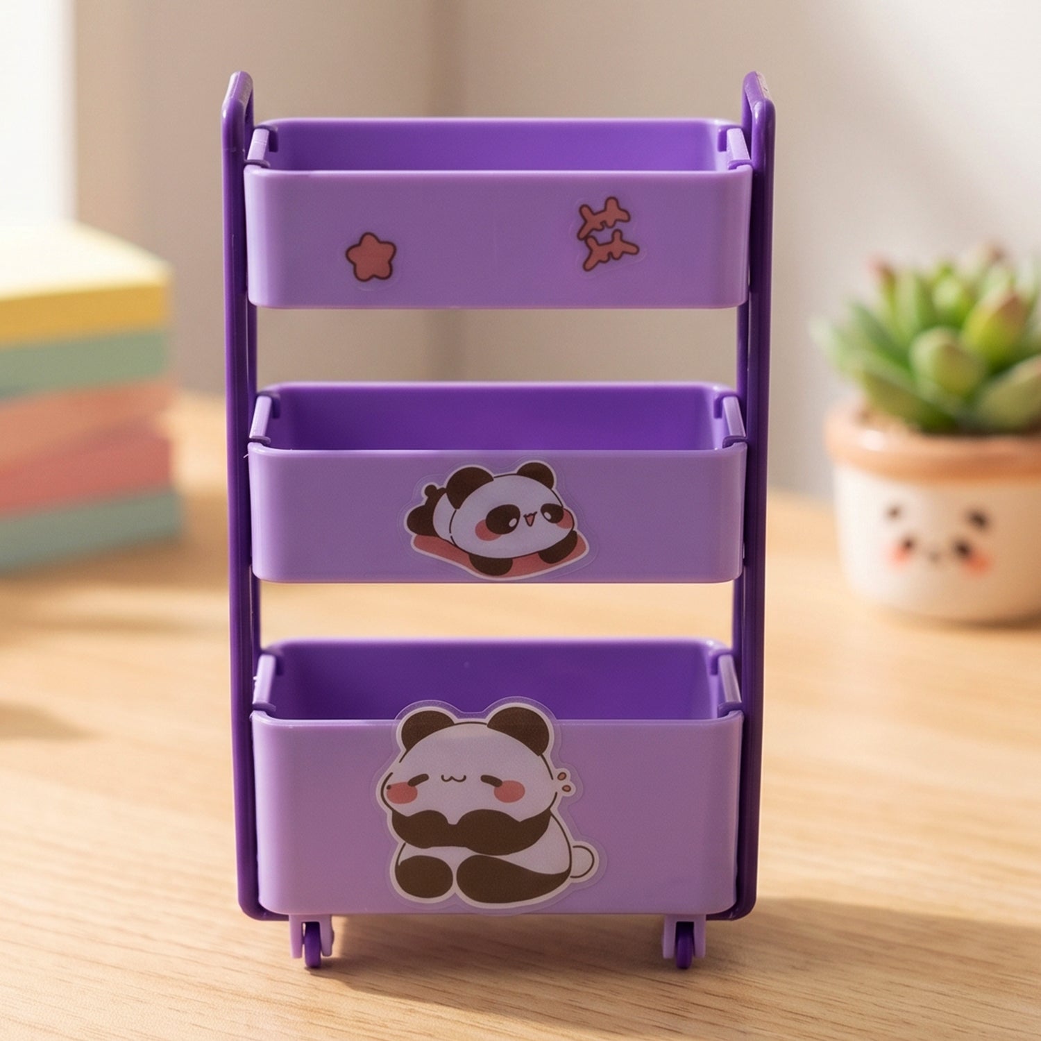 Close-up of the cute panda design and 3-tier structure of the mini storage trolley.
