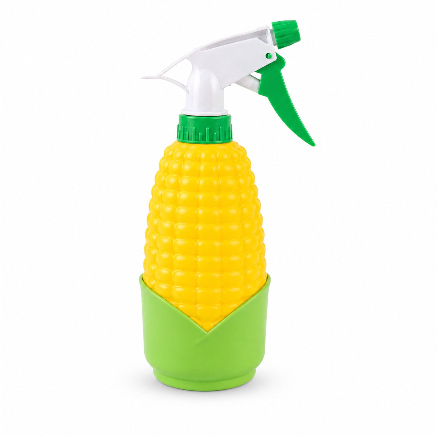 Bright yellow corn shape trigger spray bottle on a white background.