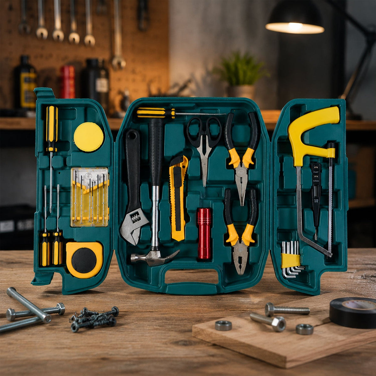 Multi-purpose Home Tool Kit Set with a yellow carry case, displayed open.