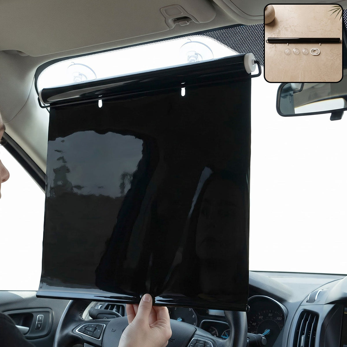 Retractable car windshield sun shade in use