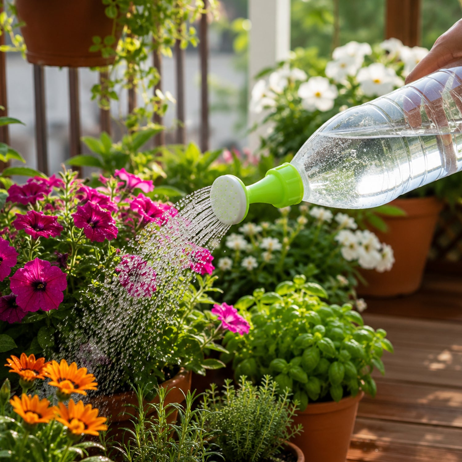A hand holds a clear plastic bottle with a green and white sprinkler nozzle, watering a variety of colorful outdoor potted