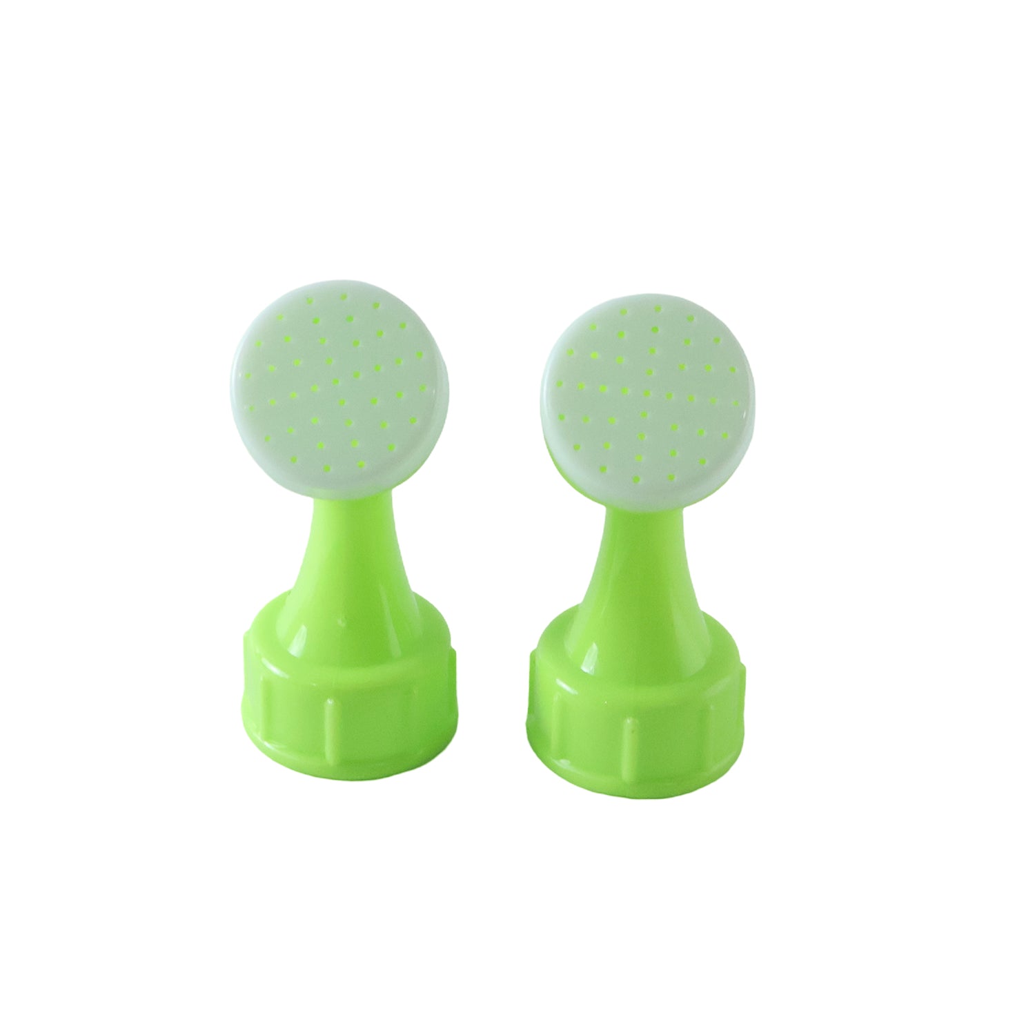 Two identical green plastic bottle top watering sprinklers with white tops are displayed on a white background.
