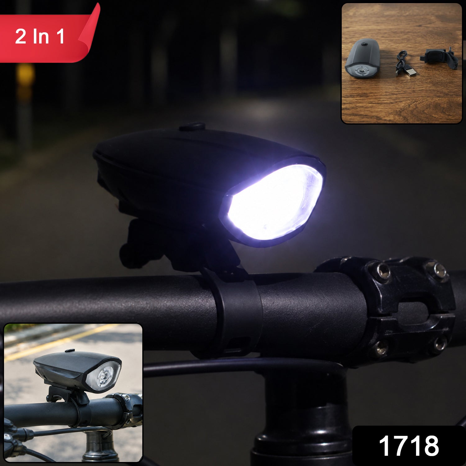 2 in 1 USB rechargeable LED bicycle front light, 1 piece