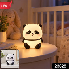 A glowing panda night light sits on a white bedside table with a small inset image of the light unlit.