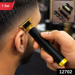A man's head is being trimmed at the temple with a black and gold hair trimmer; a small inset shows the trimmer and