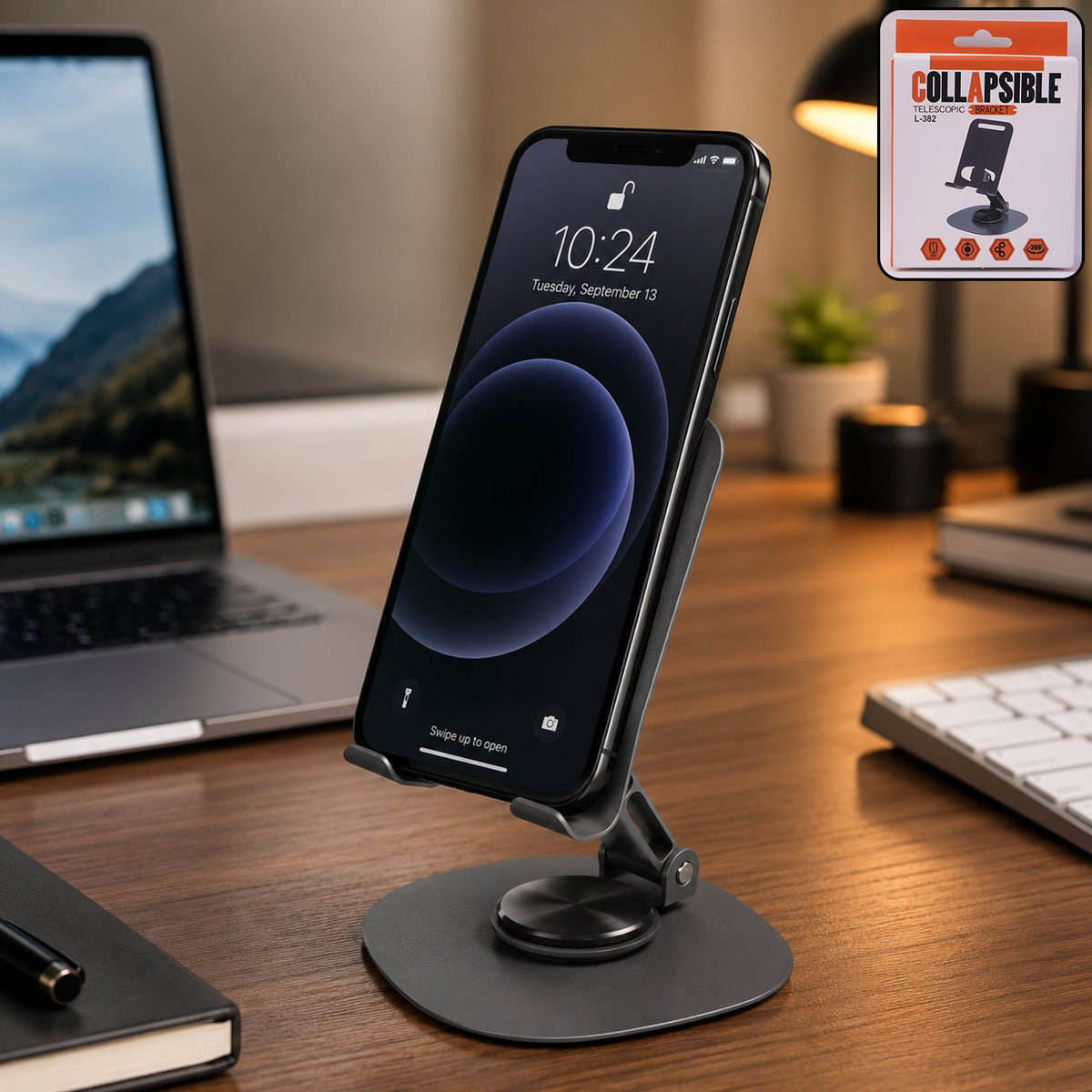 Foldable metal mobile stand showing 360Â° rotation feature
