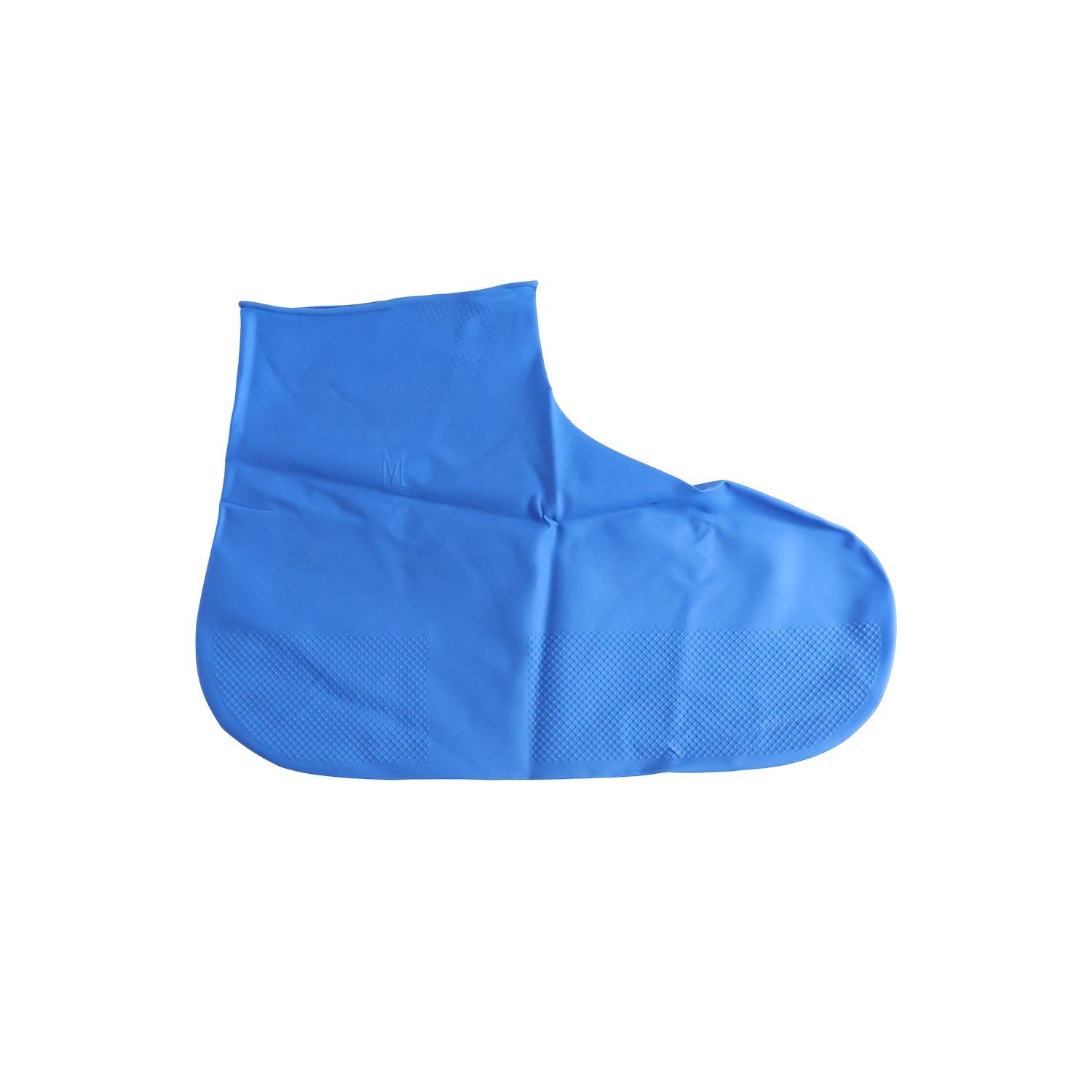 A single blue latex shoe cover with a textured sole is displayed flat against a white background.