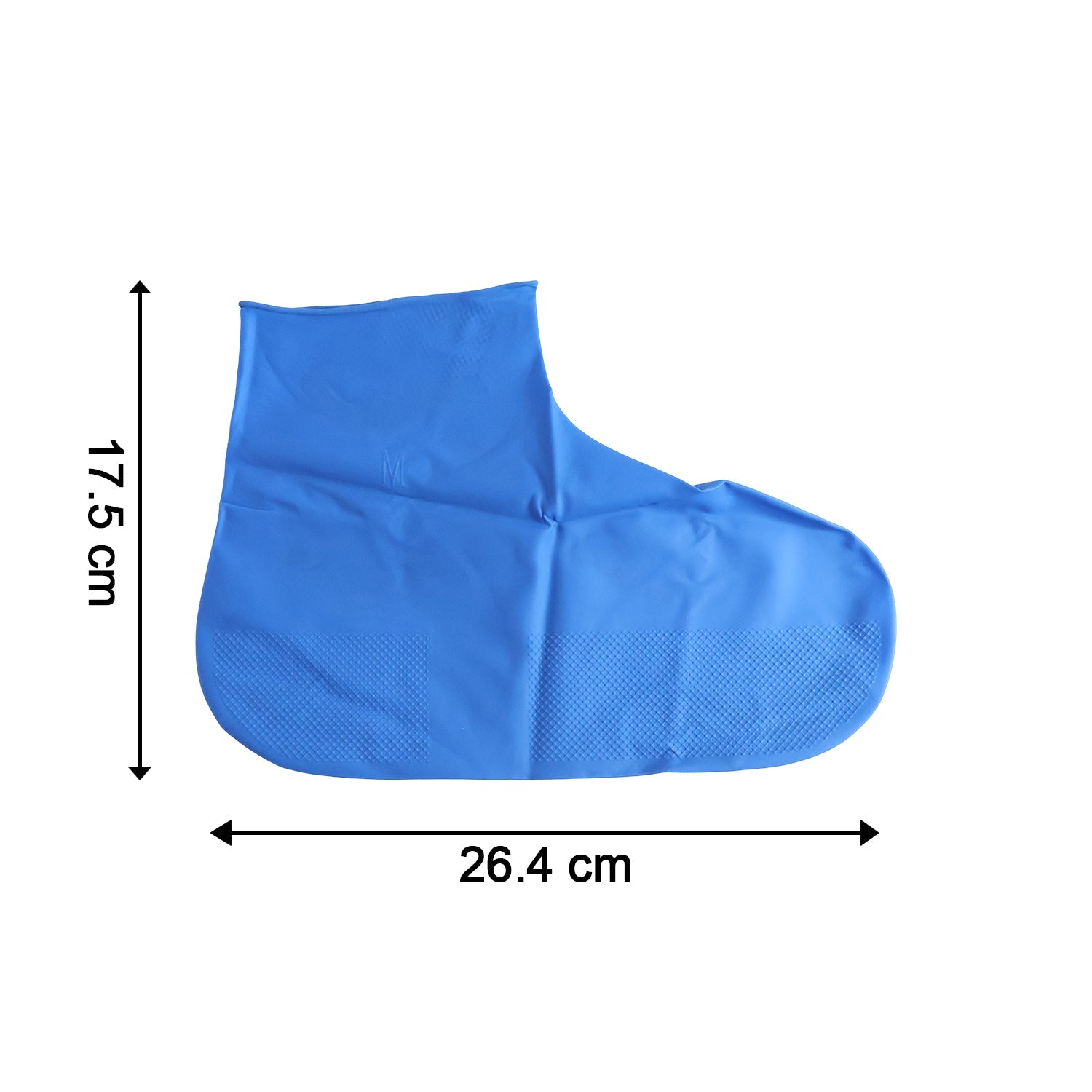 A single blue latex shoe cover with a textured sole is displayed with dimensions of 17.5 cm by 26.4 cm.
