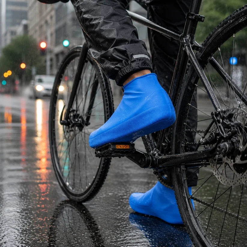 A person on a bicycle wears blue waterproof shoe covers on a wet city street