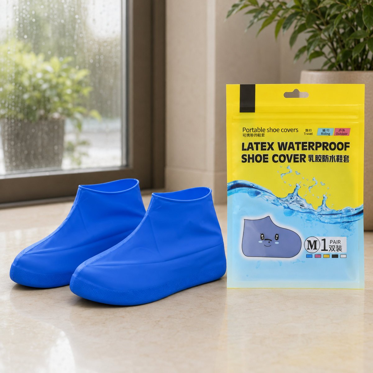 Two blue latex shoe covers next to a yellow and blue package for "Latex Waterproof Shoe Cover" on a tiled floor.