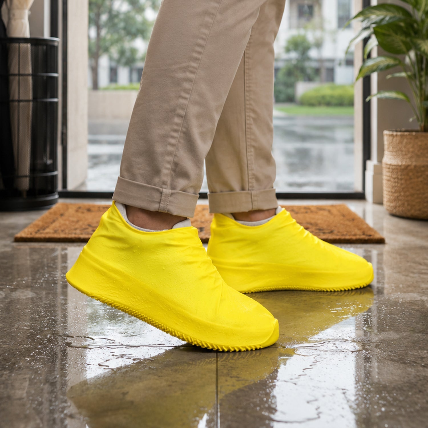 A person wearing khaki pants and bright yellow silicone shoe covers stands on a wet tiled floor, with water splashes.