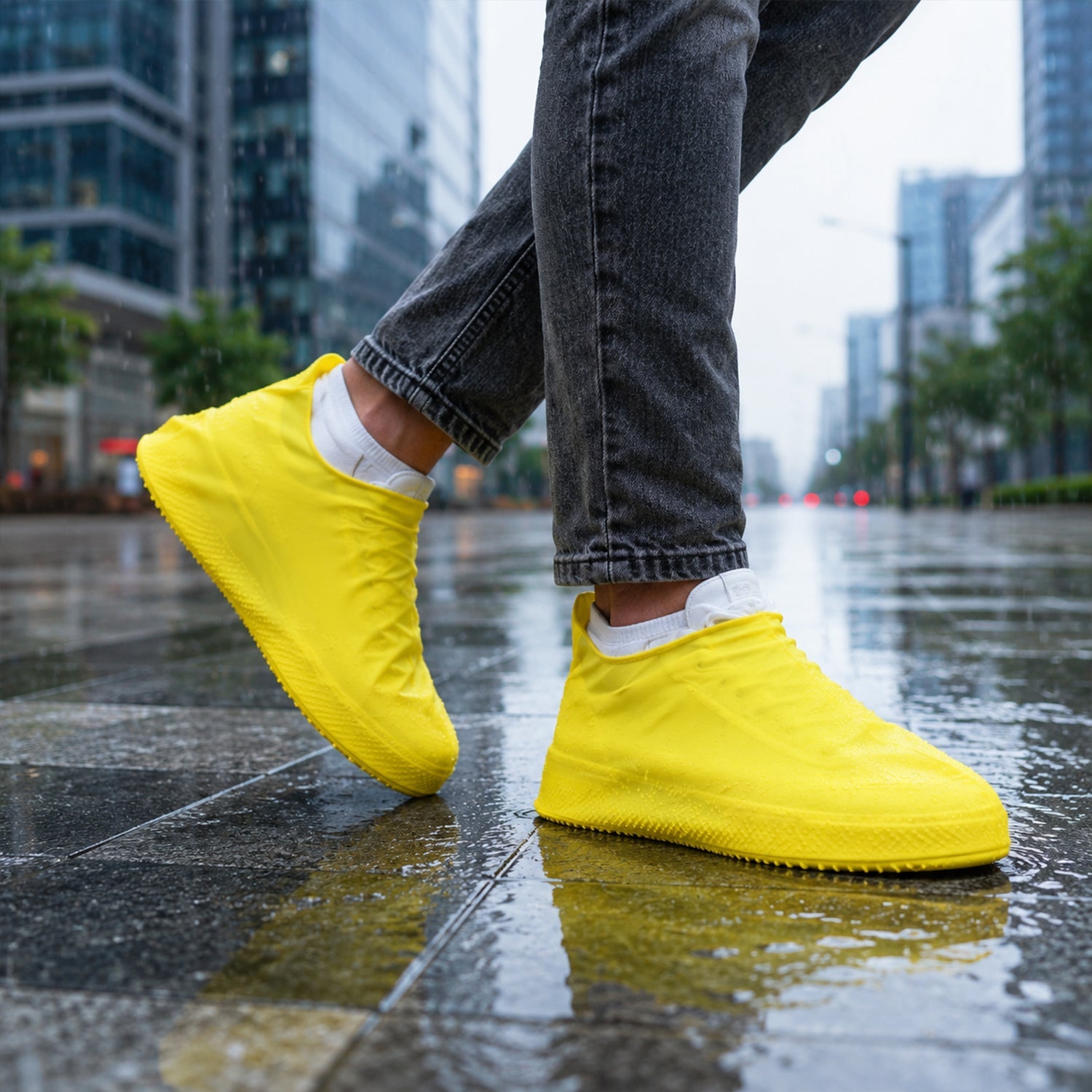 A person wearing dark jeans and bright yellow silicone shoe covers walks on a wet city sidewalk.