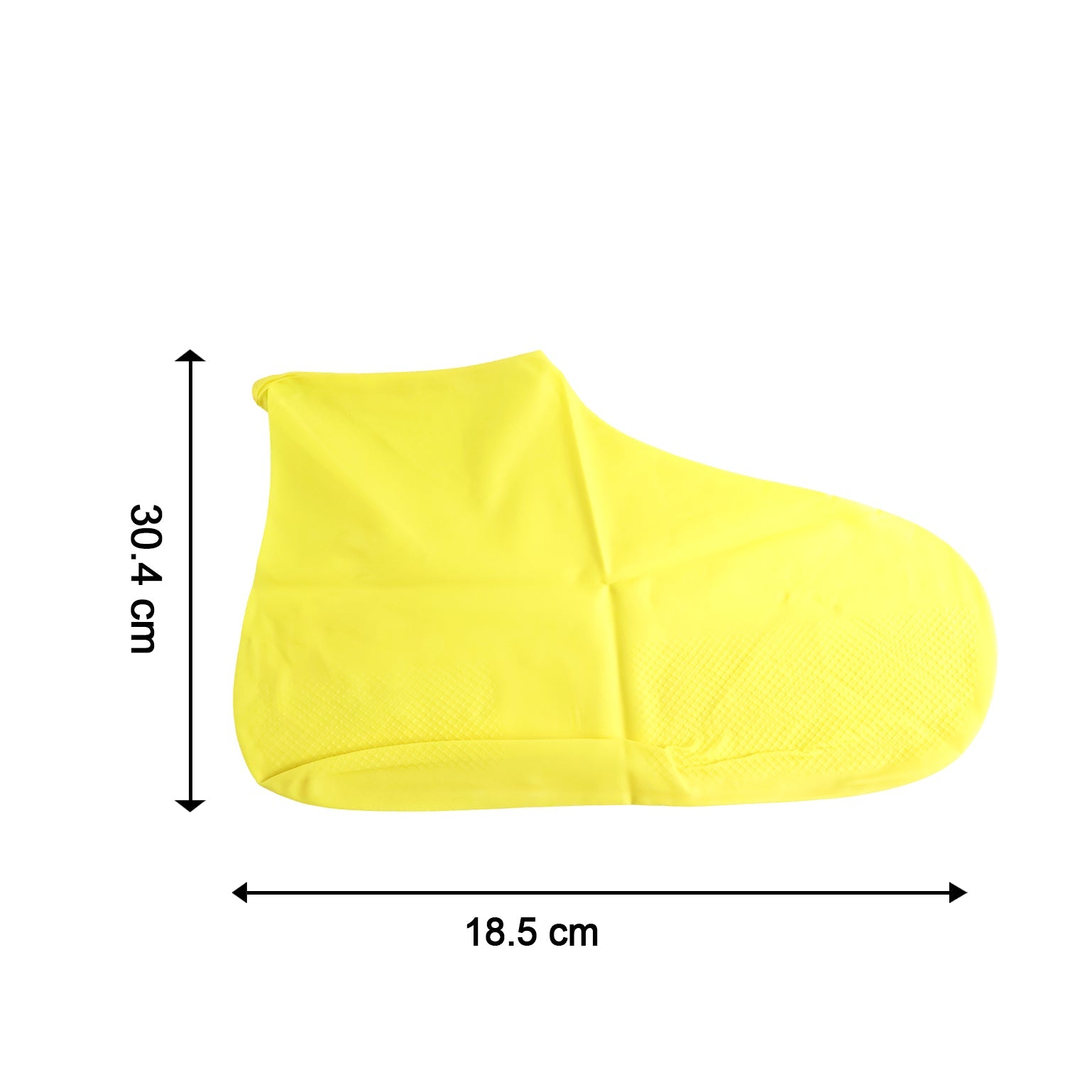 A single bright yellow silicone shoe cover with dimensions of 30.4 cm height and 18.5 cm width on a white background.