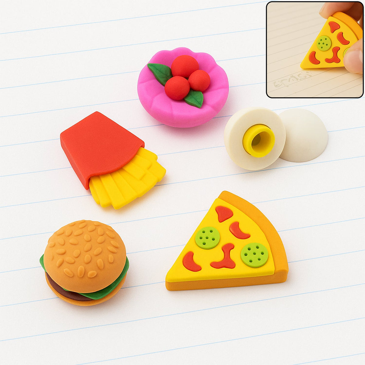 3D Food-Shaped Colorful Eraser Set â€“ Cute Novelty Mini Erasers for Kids (5 Pc Set)