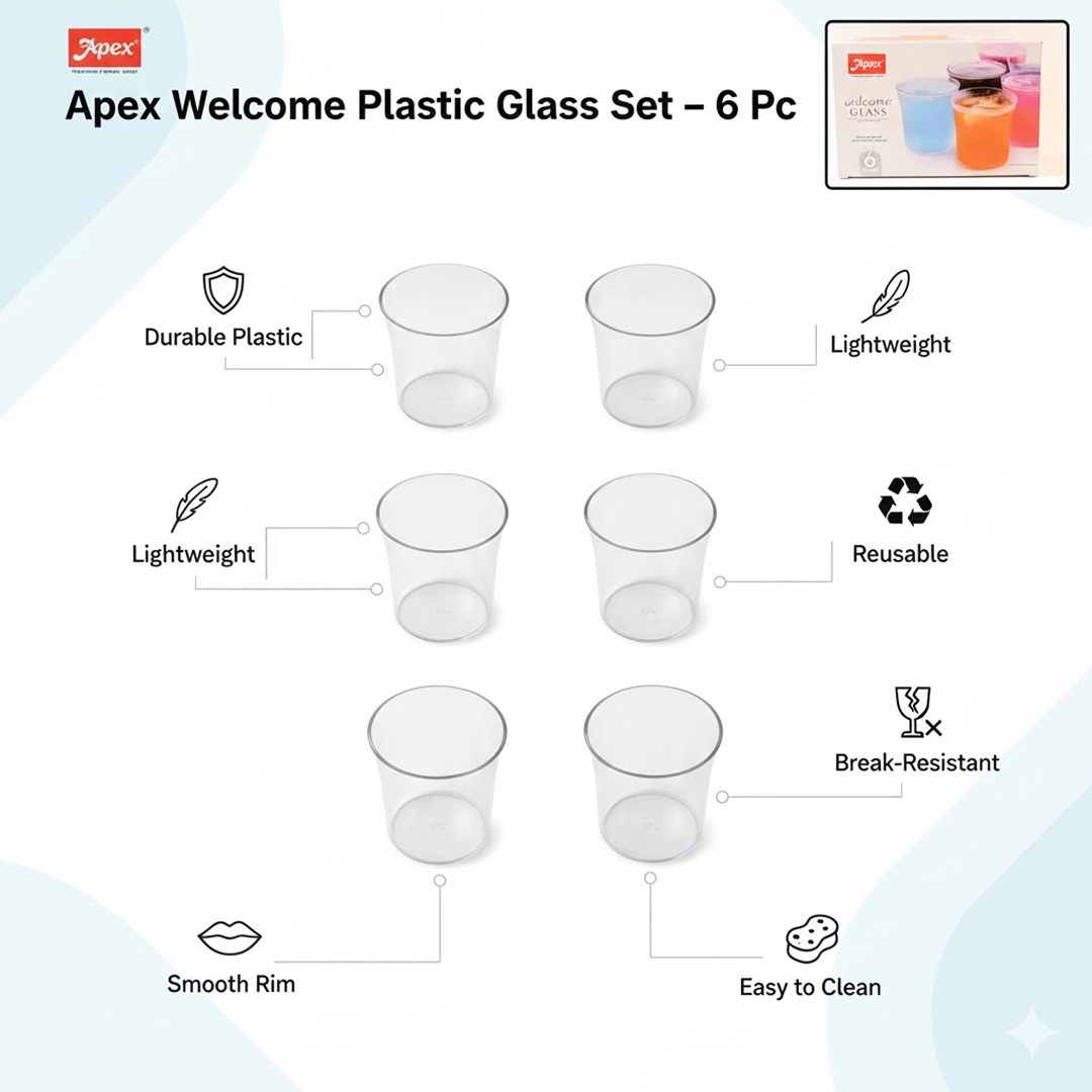 Apex Welcome Plastic Glass Set for Daily Use â€“ Set of 6
