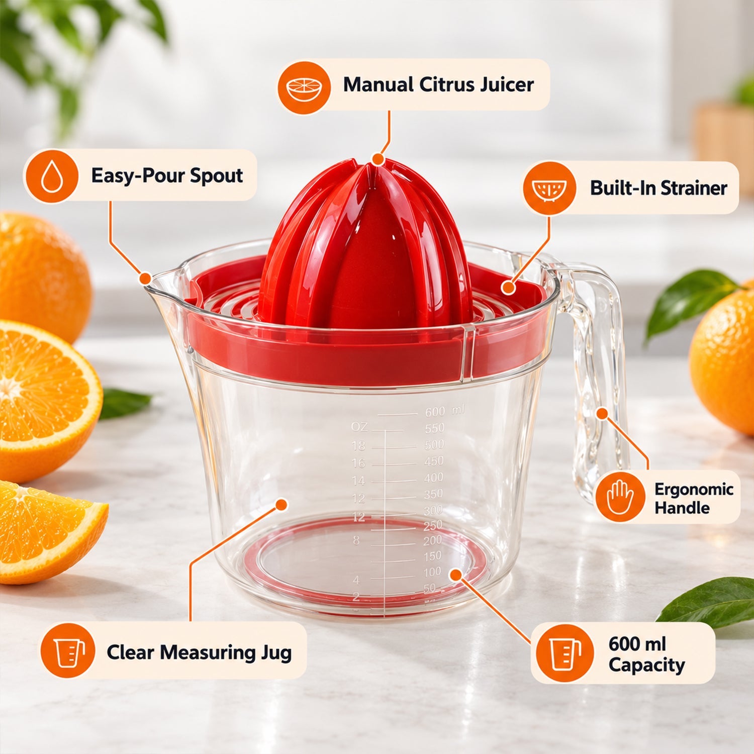 Apex Fresh Jug Manual Citrus Juicer with Strainer and Measuring Jug 600ml