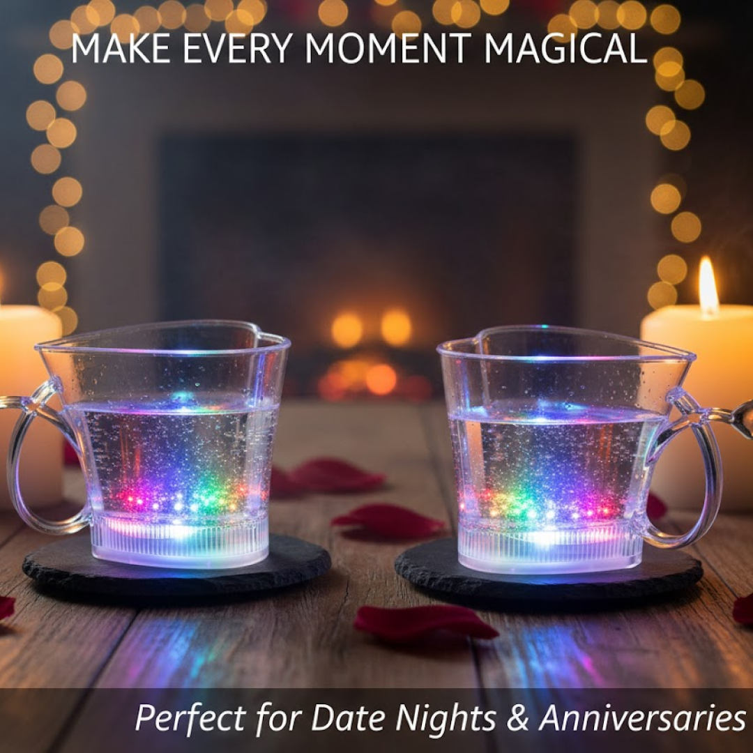 Close-up of LED heart-shaped light-up glass cup
