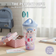Unicorn water bottle showing spill-proof lid and straw