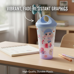 Unicorn kids water bottle with straw and lid front view