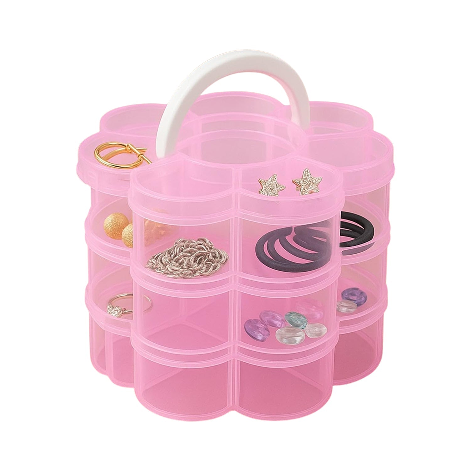 Transparent flower-shaped 3-layer organizer box stacked view