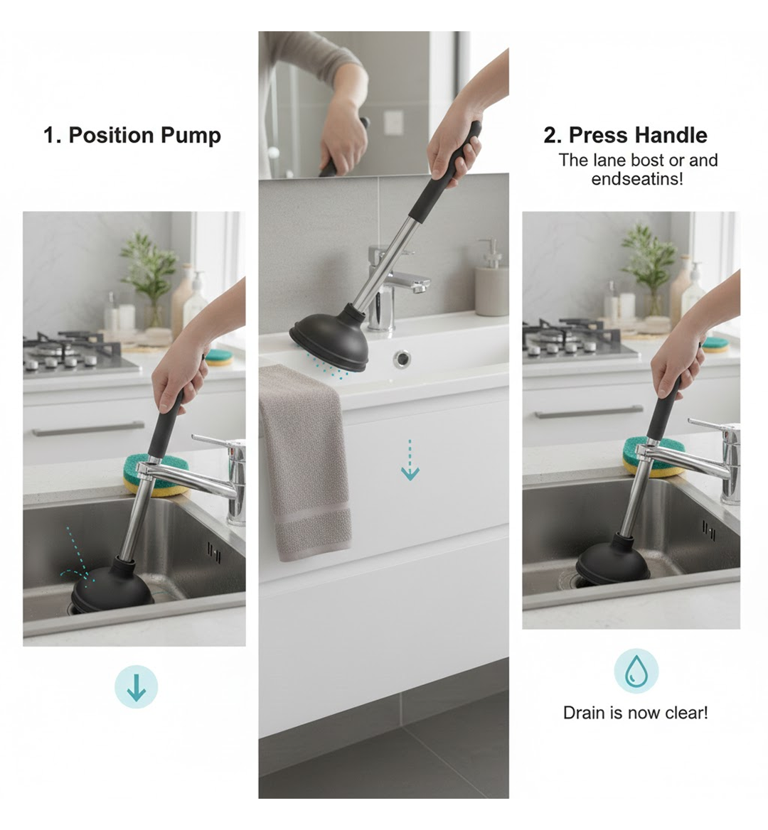 Guide image for using drain unblocker pump on a kitchen sink