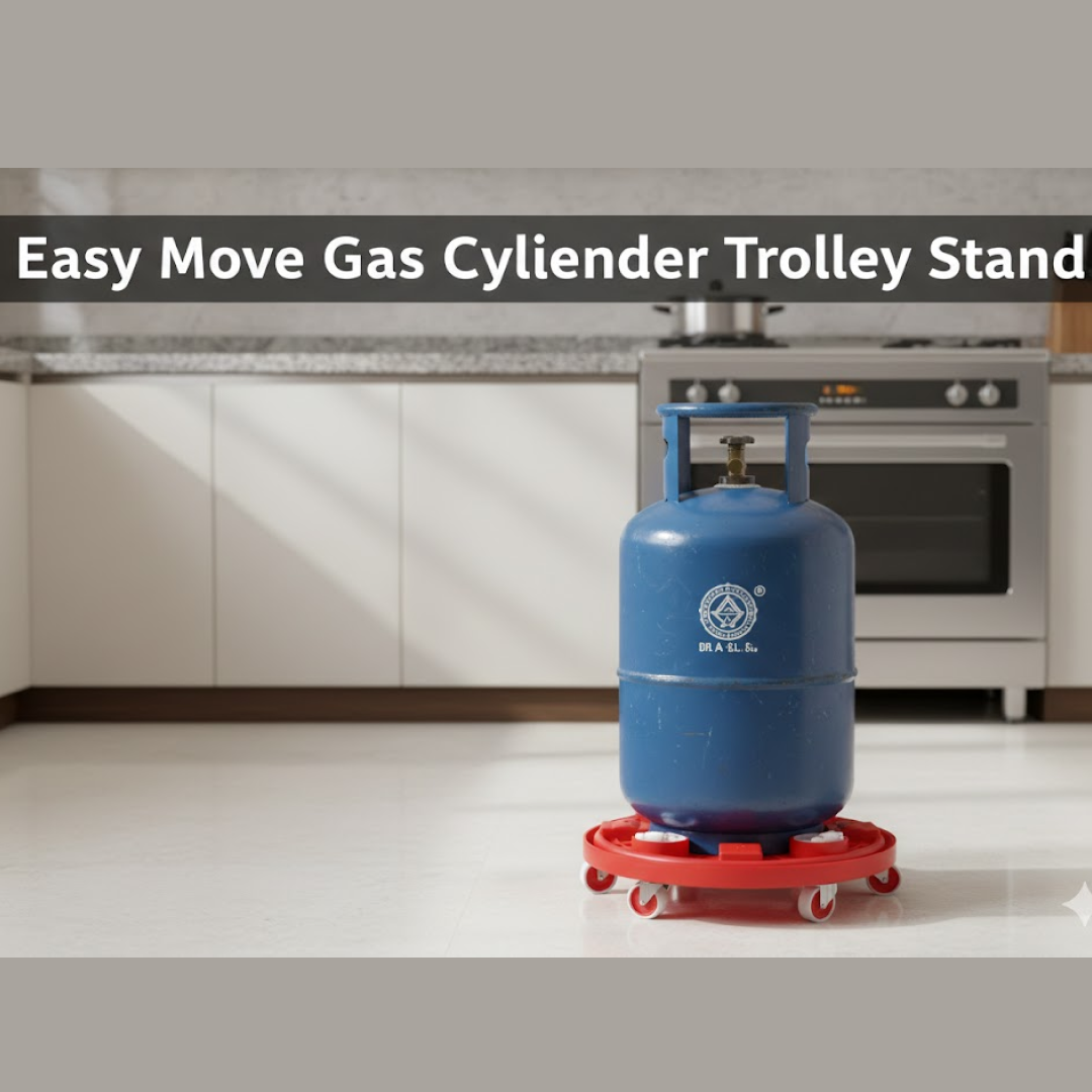 Red plastic gas cylinder trolley wheel detail